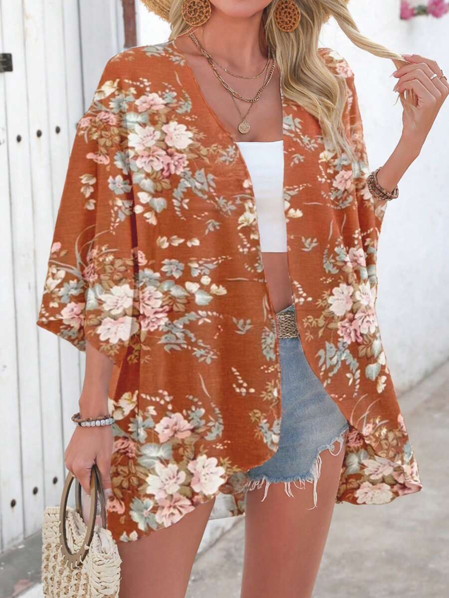 Batwing sleeve beach cover-ups with floral print for women