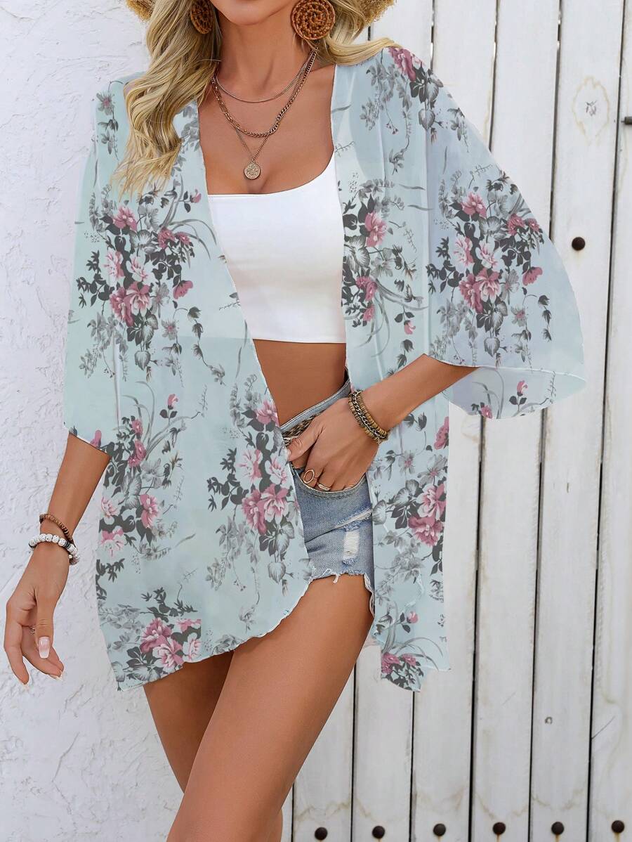 Batwing sleeve beach cover-ups with floral print for women