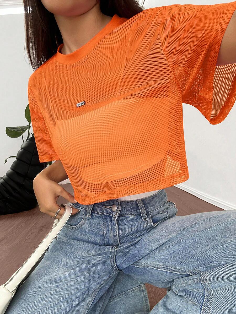 Loose transparent mesh top with short sleeves for women