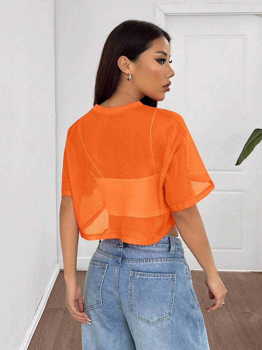 Loose transparent mesh top with short sleeves for women