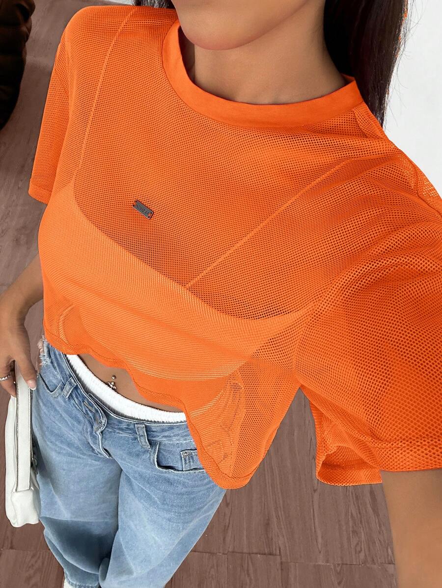 Loose transparent mesh top with short sleeves for women