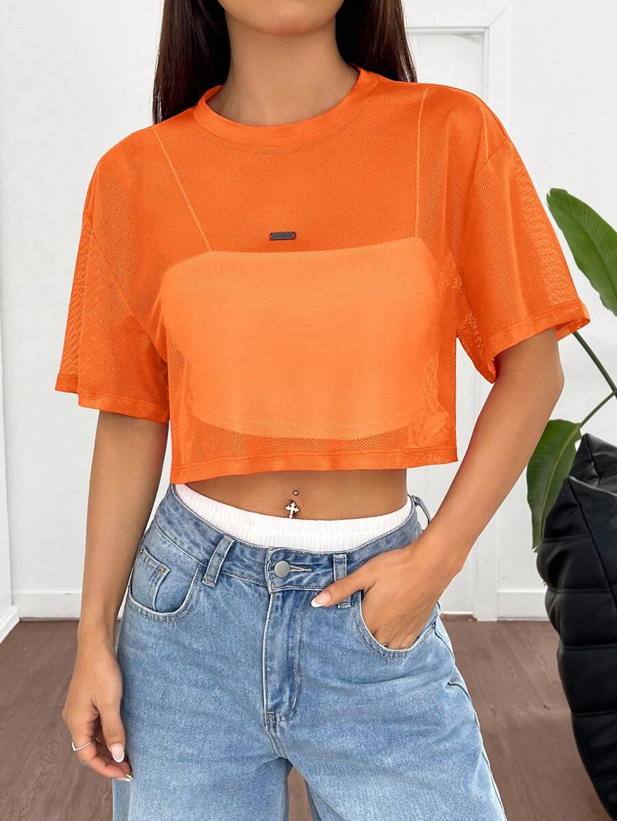 Loose transparent mesh top with short sleeves for women