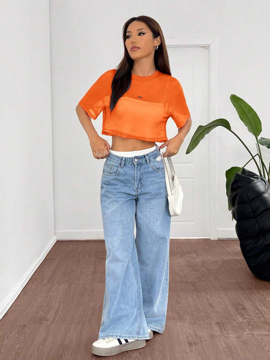 Loose transparent mesh top with short sleeves for women