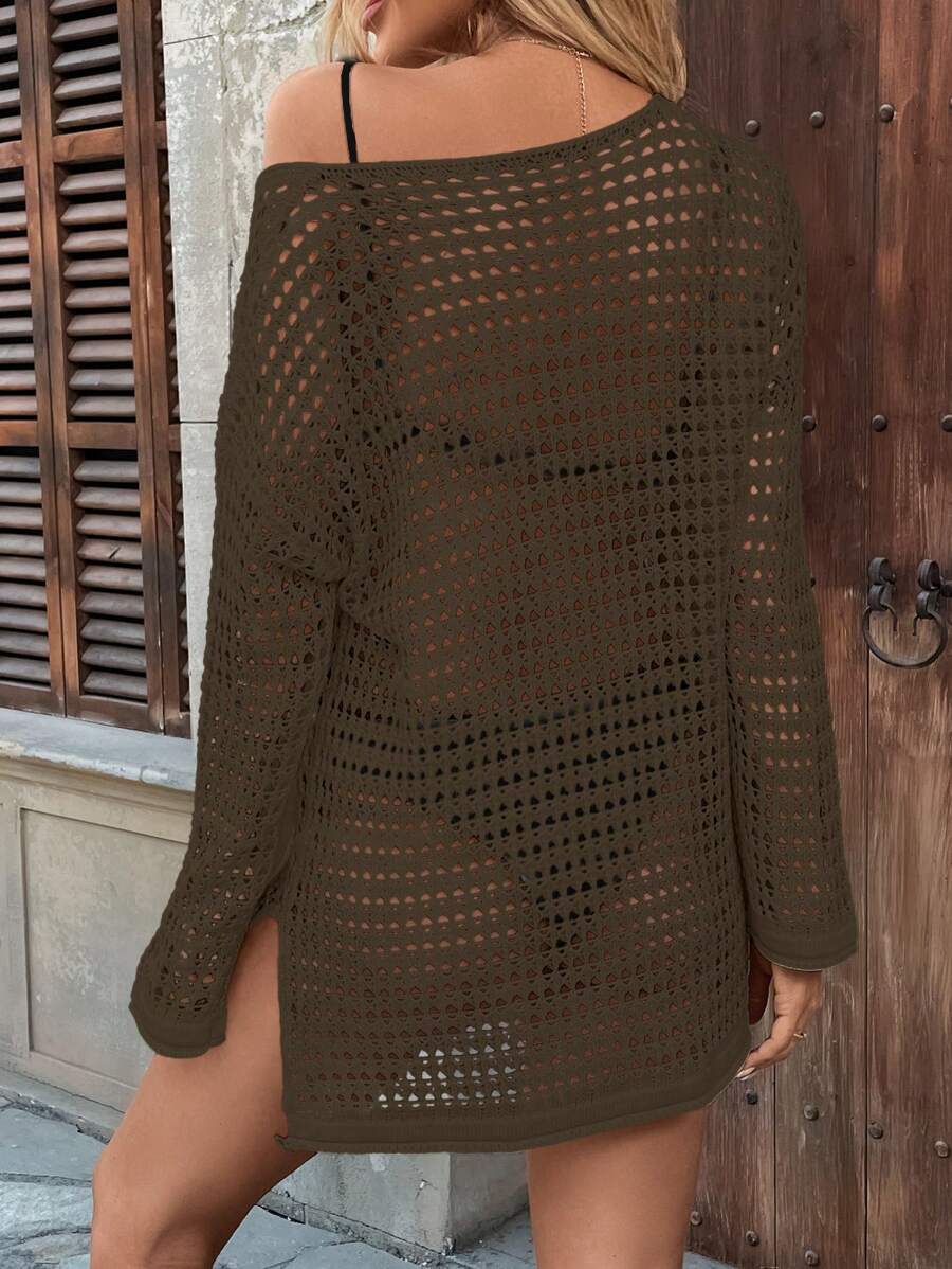 Long-sleeve openwork knit beach cover-up for women