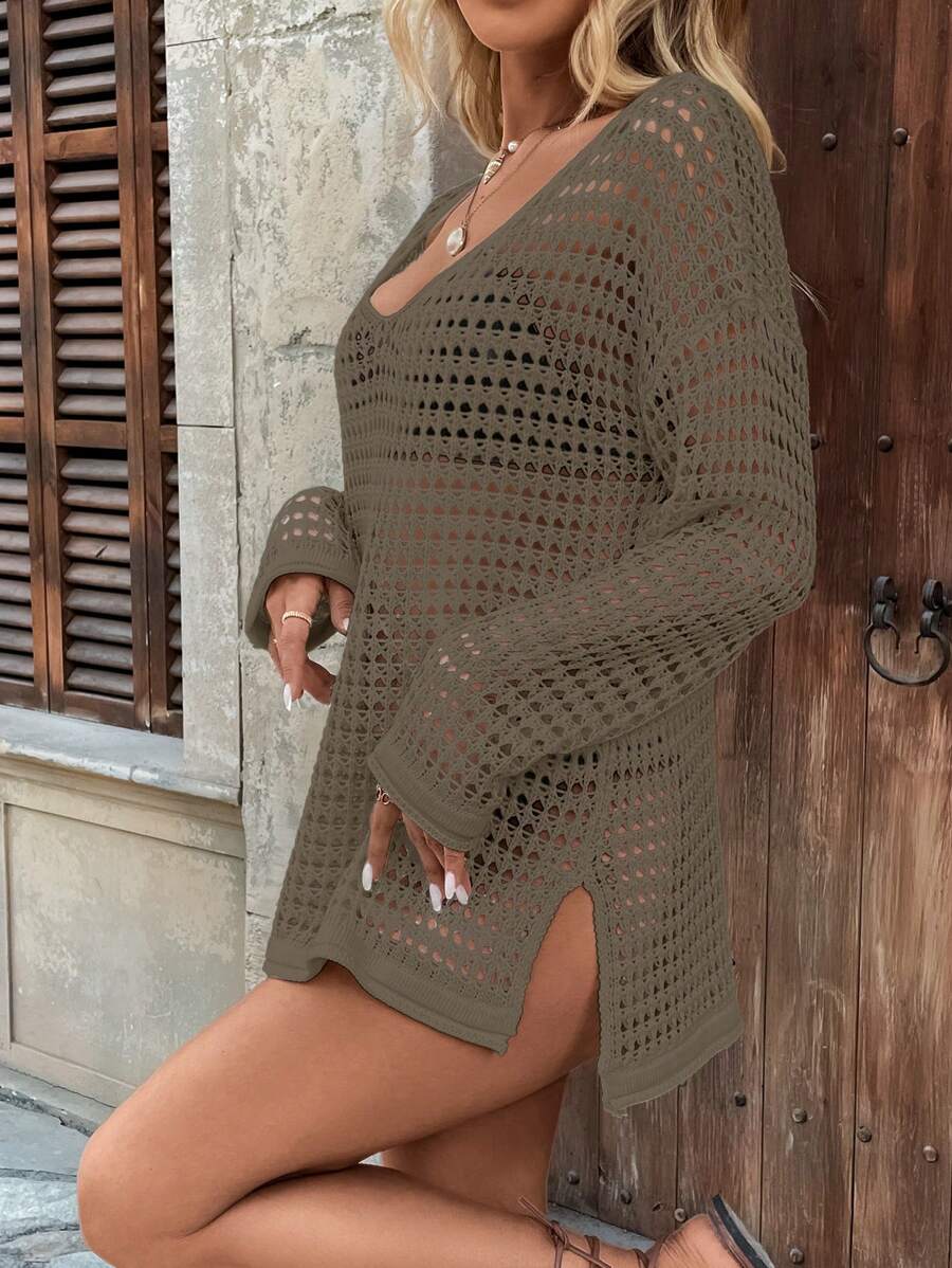 Long-sleeve openwork knit beach cover-up for women