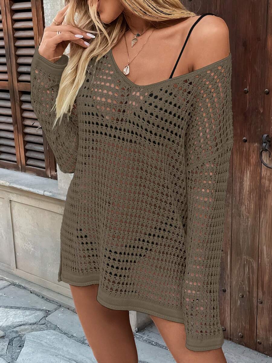 Long-sleeve openwork knit beach cover-up for women