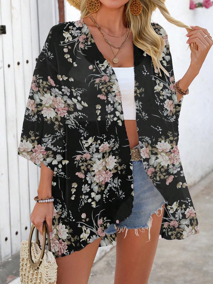 Batwing sleeve beach cover-ups with floral print for women