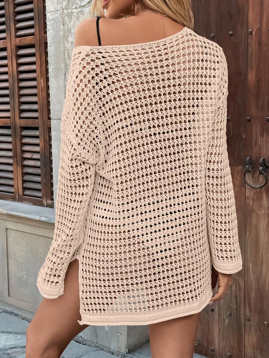 Long-sleeve openwork knit beach cover-up for women