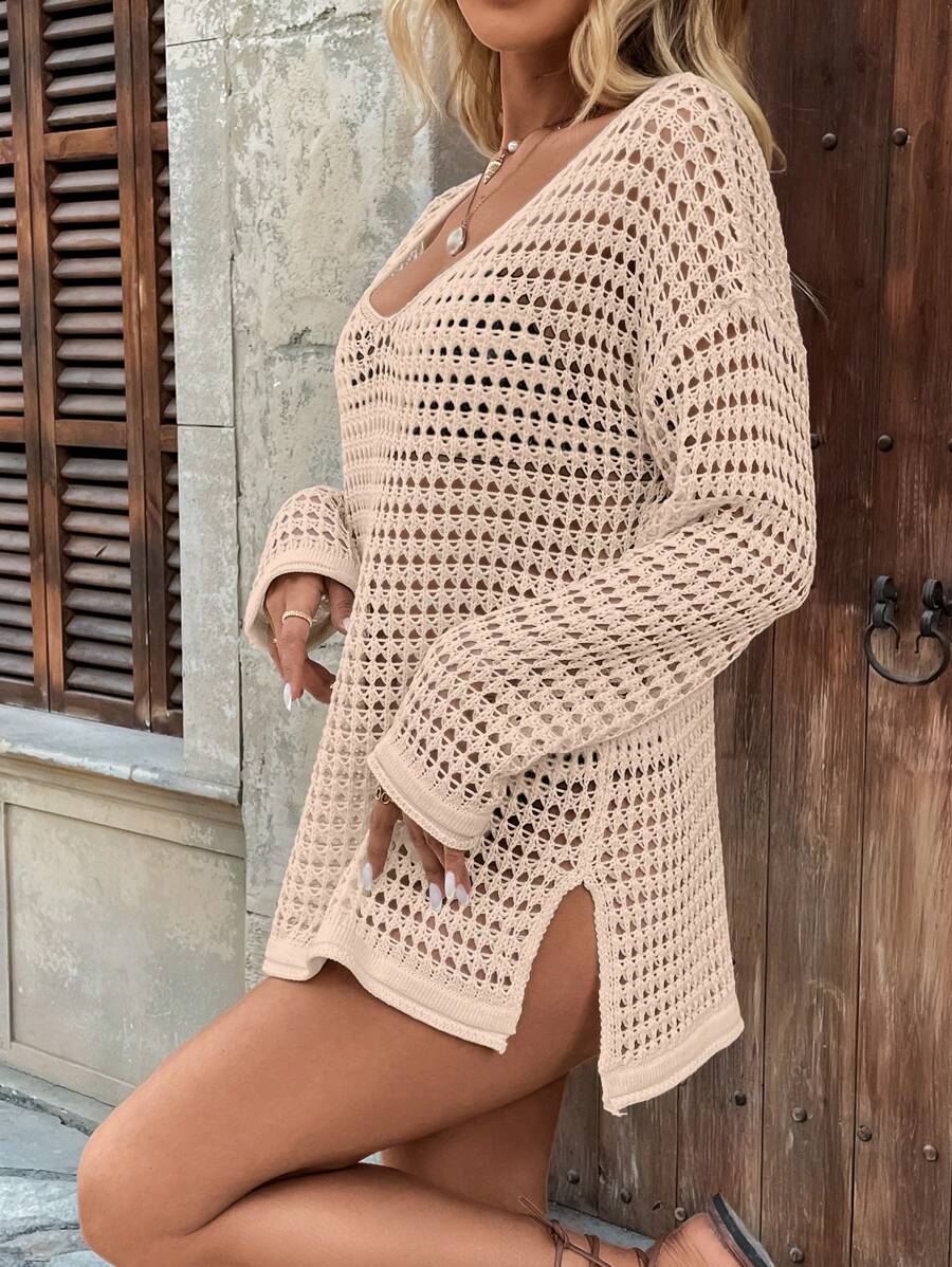 Long-sleeve openwork knit beach cover-up for women