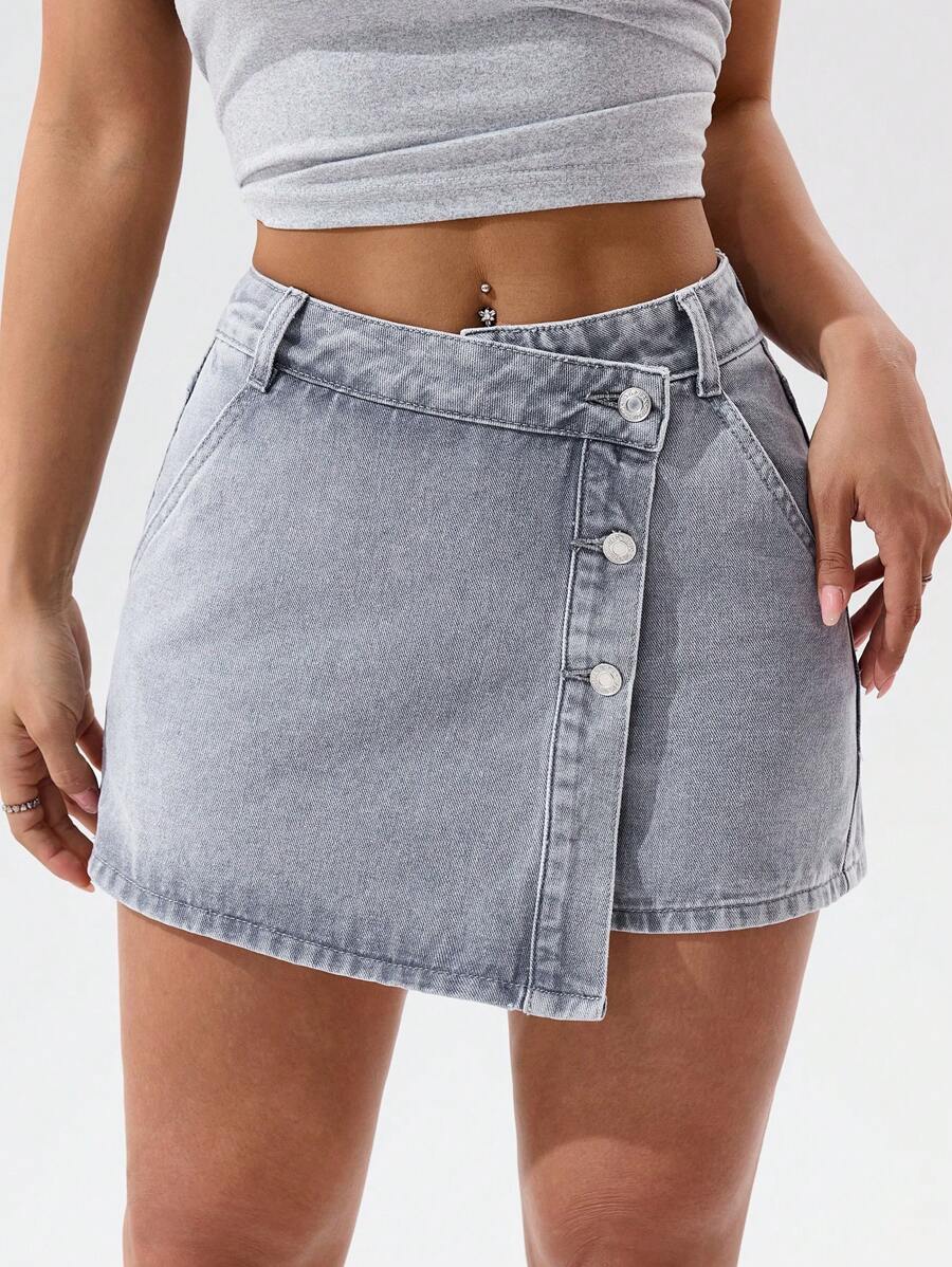 Mini-jupe en jean taille haute avec bouton sur le devant pour femme