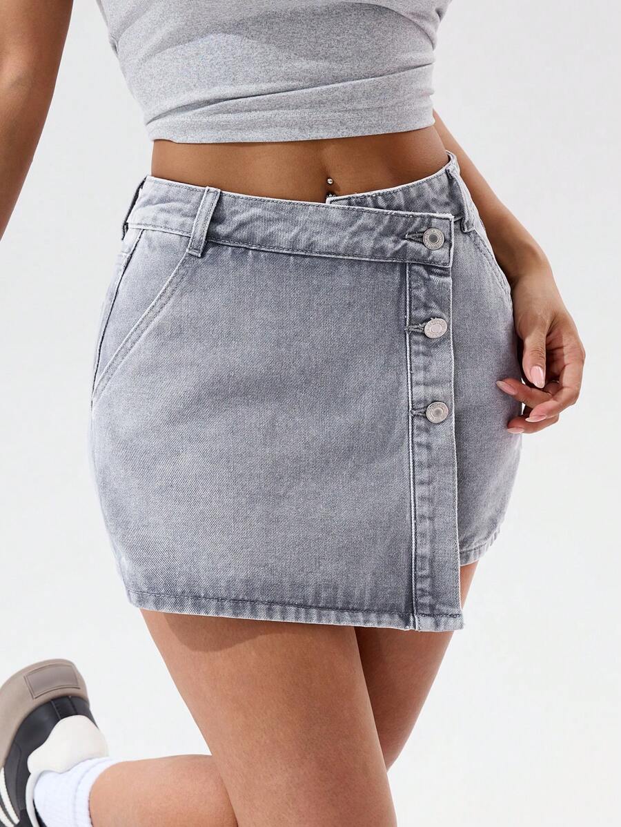 Mini-jupe en jean taille haute avec bouton sur le devant pour femme