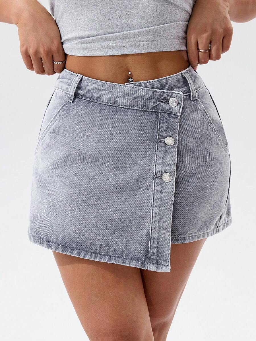 Mini-jupe en jean taille haute avec bouton sur le devant pour femme