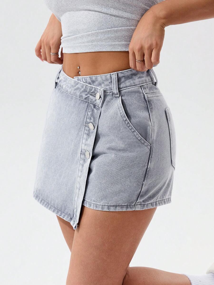 Mini-jupe en jean taille haute avec bouton sur le devant pour femme
