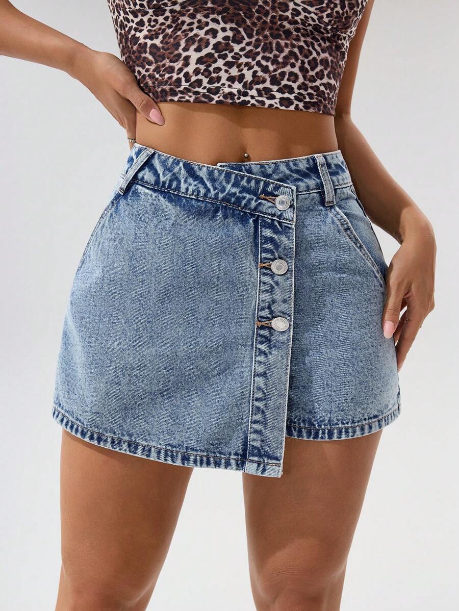 Mini-jupe en jean taille haute avec bouton sur le devant pour femme