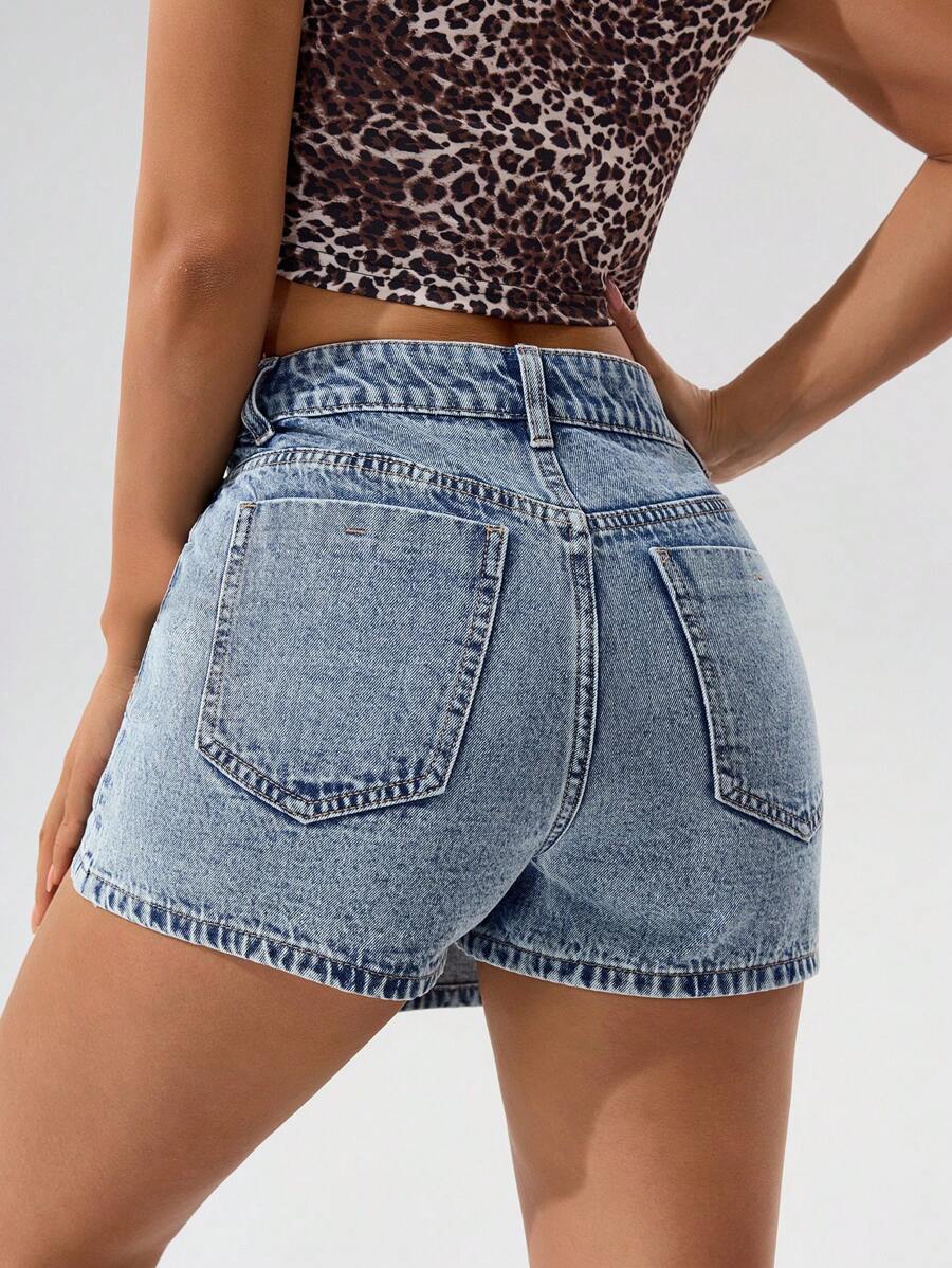 Mini-jupe en jean taille haute avec bouton sur le devant pour femme
