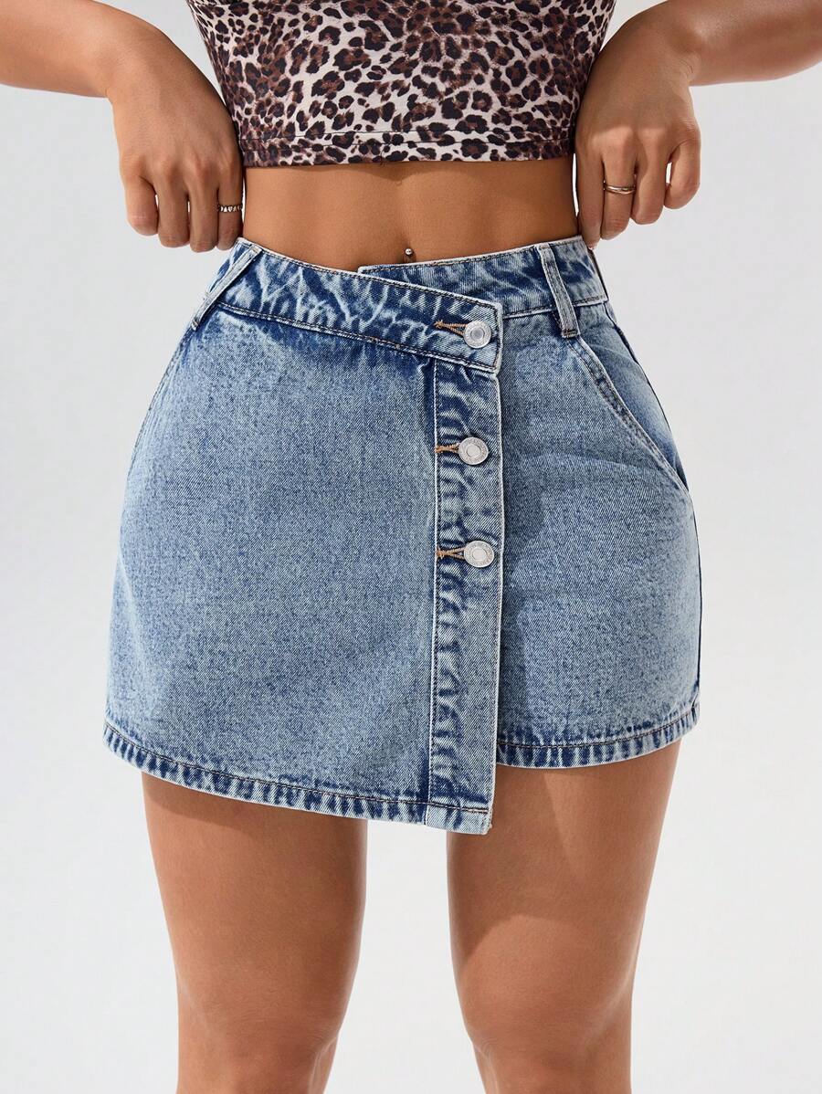 Mini-jupe en jean taille haute avec bouton sur le devant pour femme