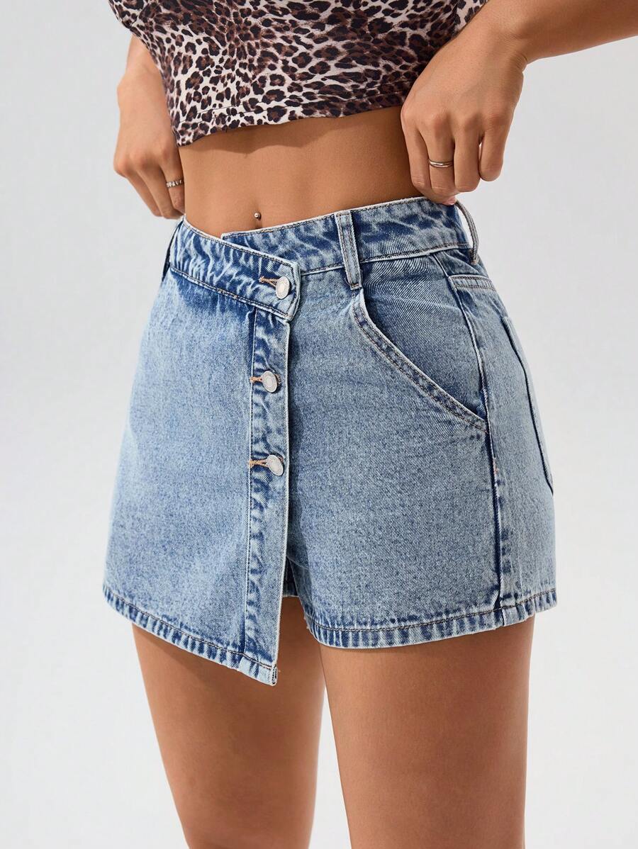Mini-jupe en jean taille haute avec bouton sur le devant pour femme