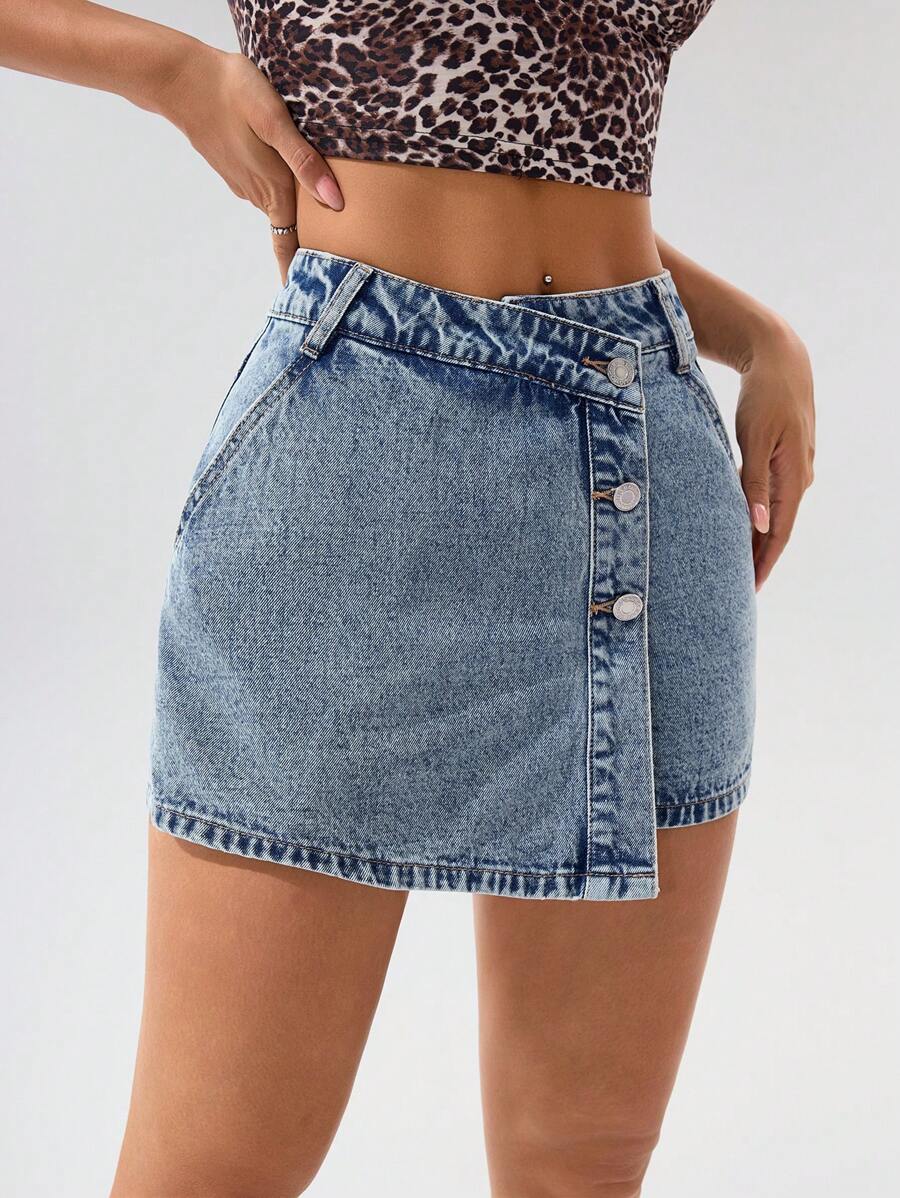 Mini-jupe en jean taille haute avec bouton sur le devant pour femme