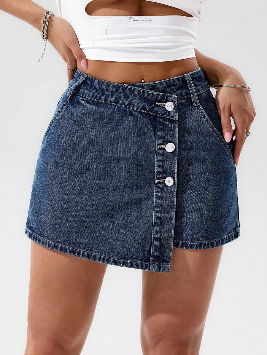 Mini-jupe en jean taille haute avec bouton sur le devant pour femme