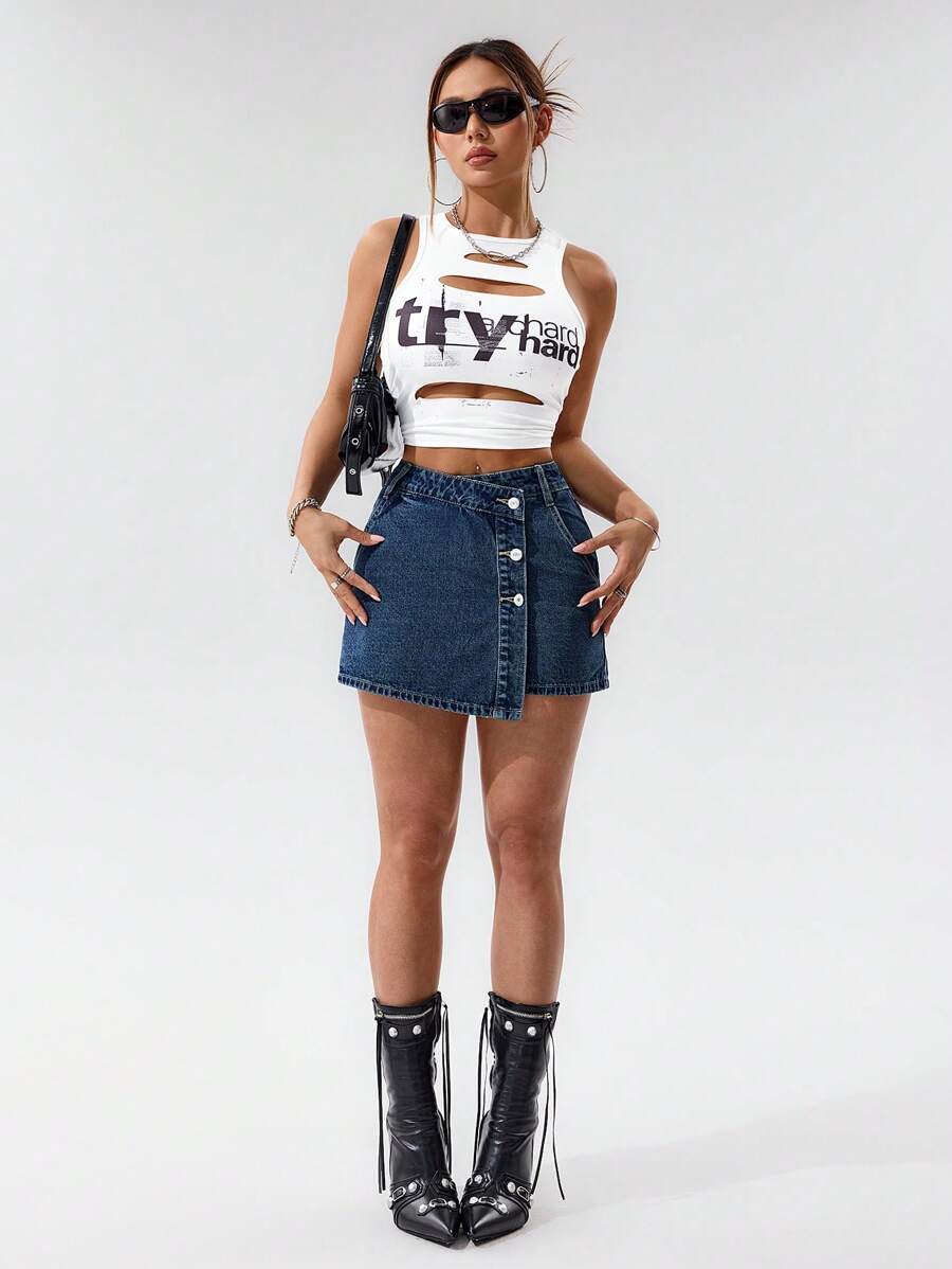 Mini-jupe en jean taille haute avec bouton sur le devant pour femme