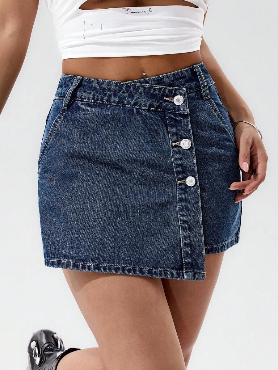 Mini-jupe en jean taille haute avec bouton sur le devant pour femme
