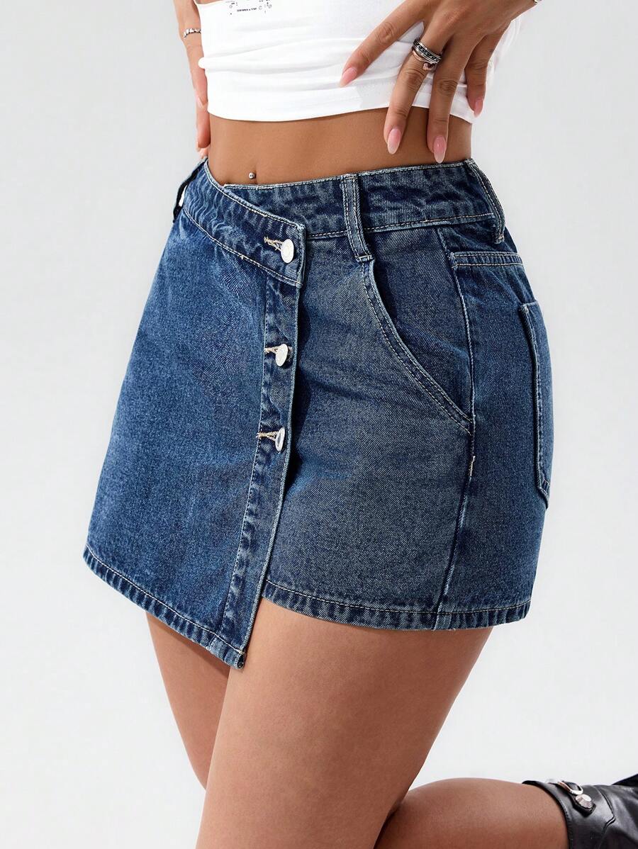 Mini-jupe en jean taille haute avec bouton sur le devant pour femme