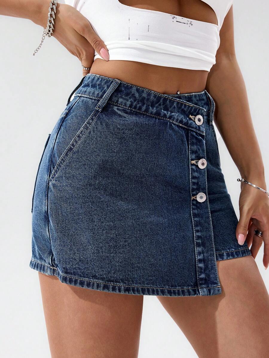 Mini-jupe en jean taille haute avec bouton sur le devant pour femme