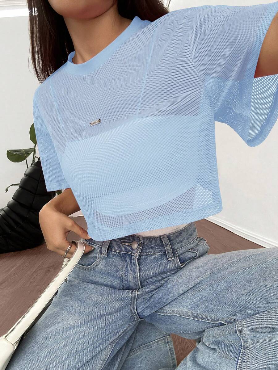 Loose transparent mesh top with short sleeves for women