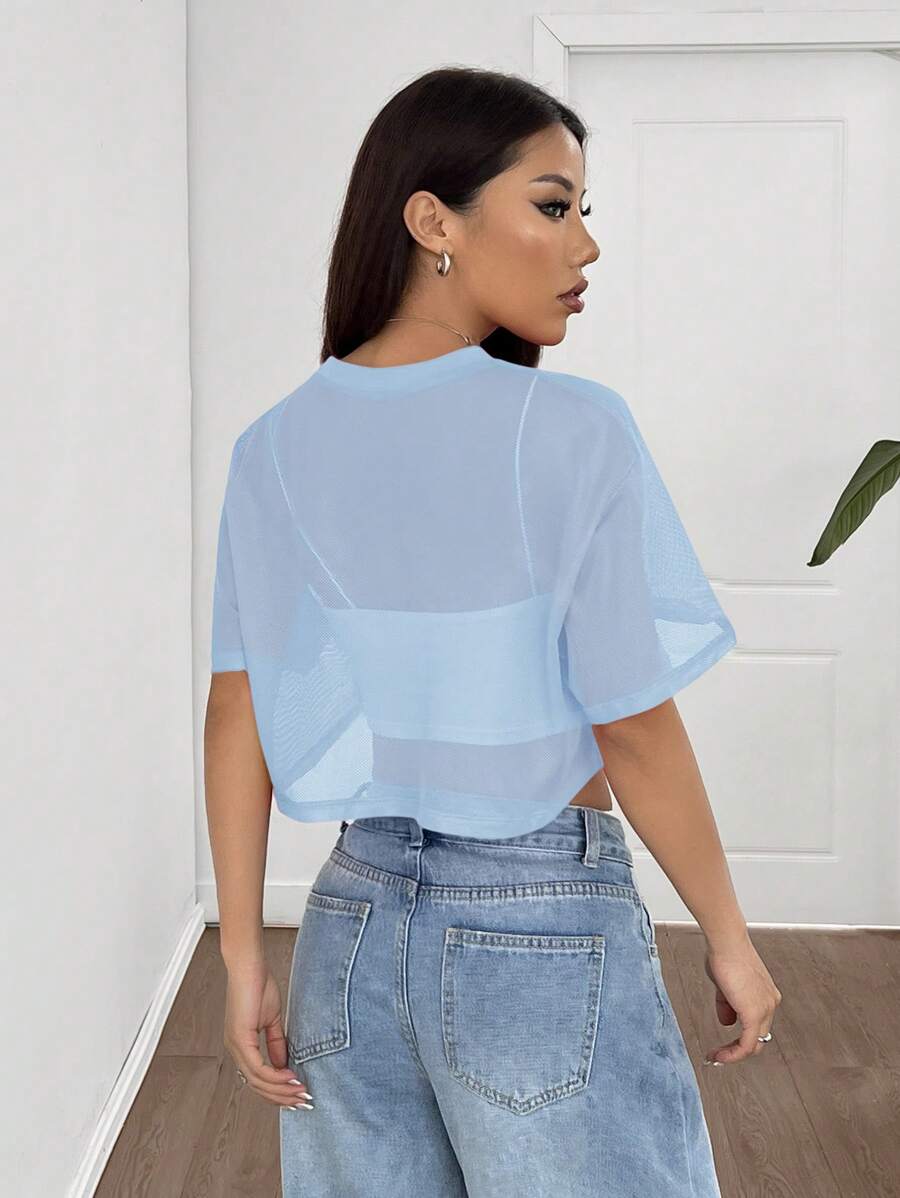 Loose transparent mesh top with short sleeves for women