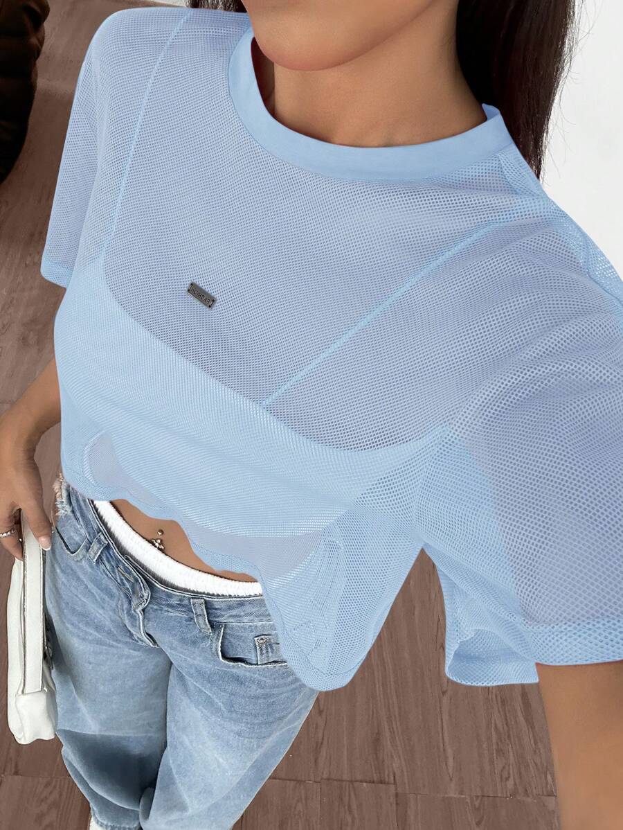 Loose transparent mesh top with short sleeves for women