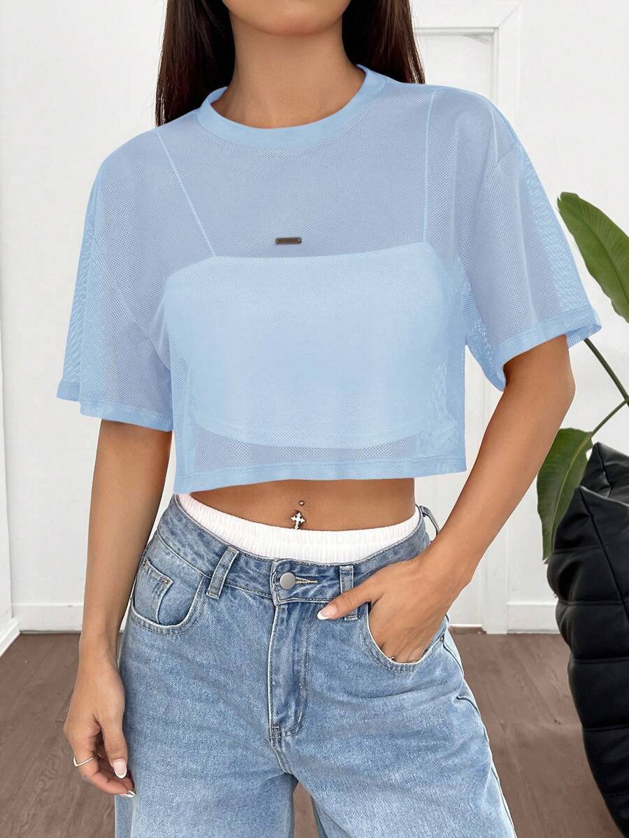 Loose transparent mesh top with short sleeves for women