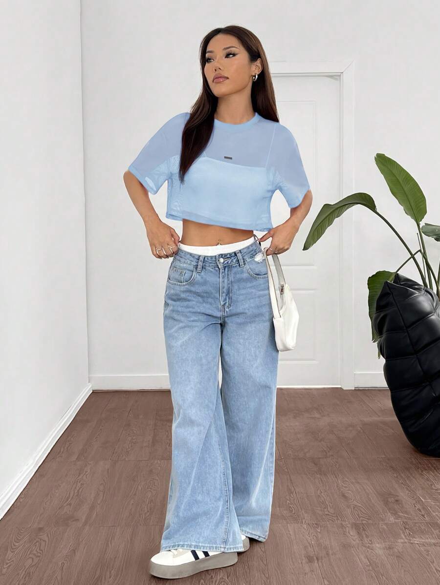 Loose transparent mesh top with short sleeves for women