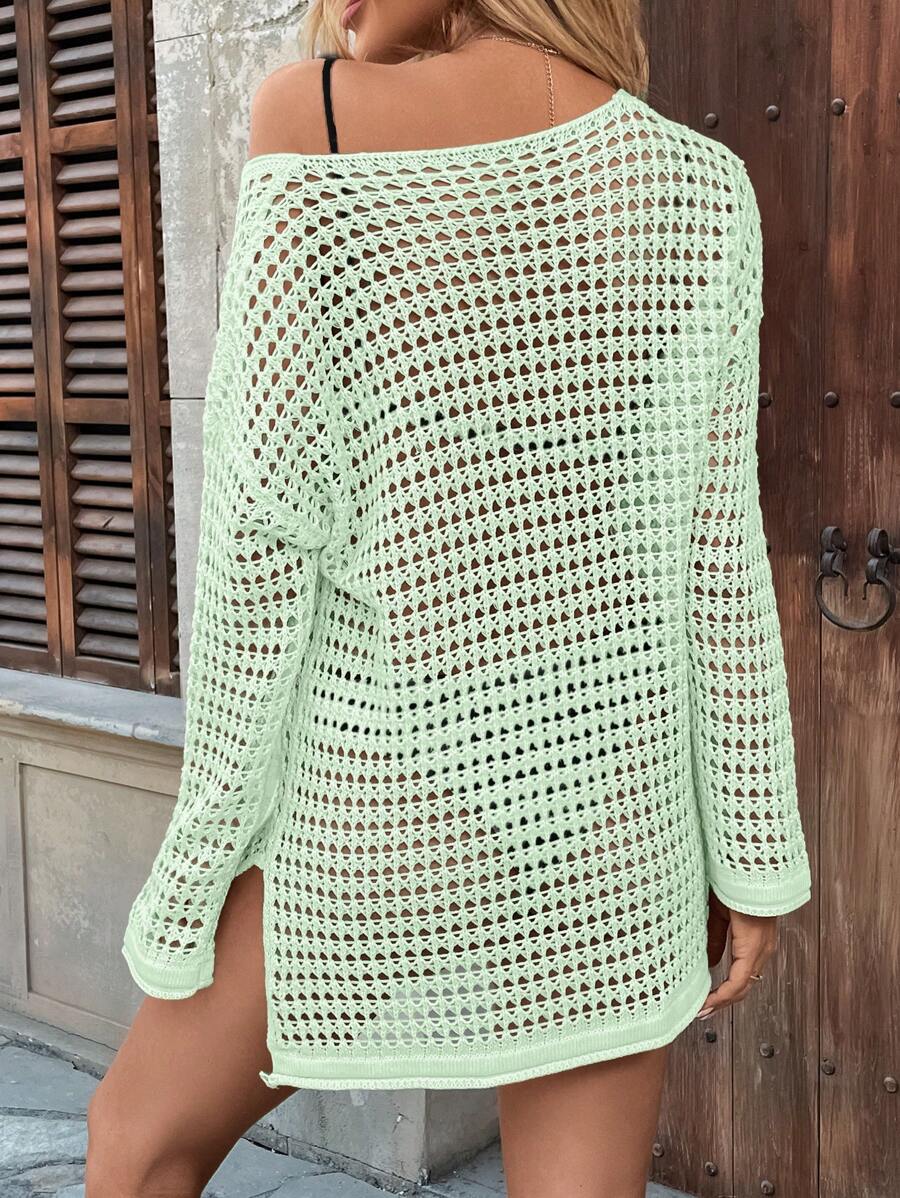 Long-sleeve openwork knit beach cover-up for women