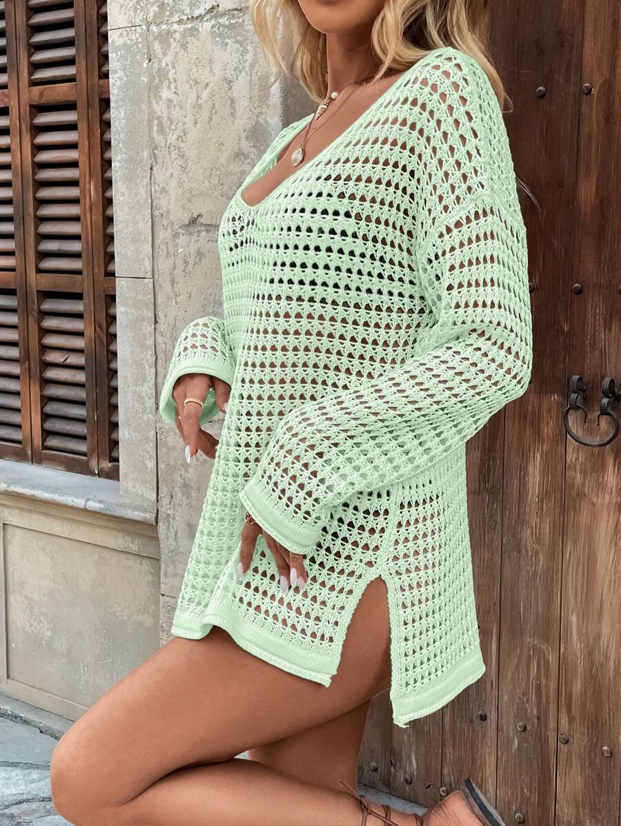 Long-sleeve openwork knit beach cover-up for women