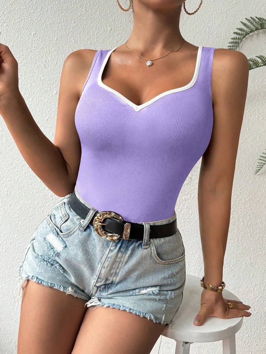 Ribbed knit sweetheart neckline tank tops for women – Sleeveless summer top