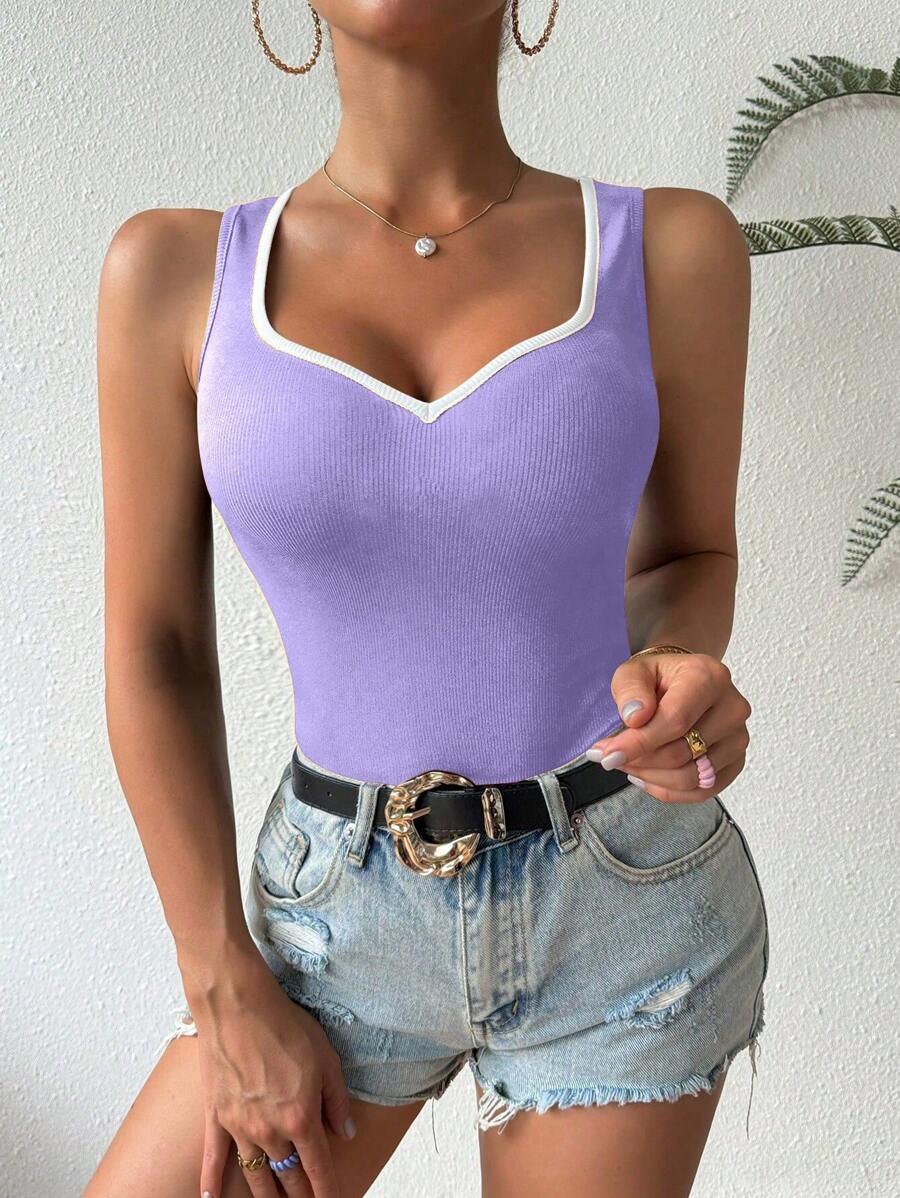 Ribbed knit sweetheart neckline tank tops for women – Sleeveless summer top