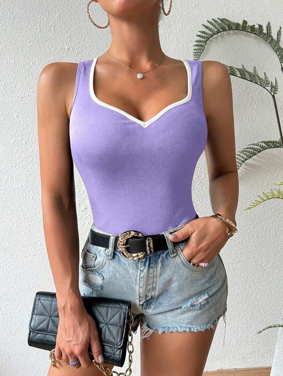 Ribbed knit sweetheart neckline tank tops for women – Sleeveless summer top