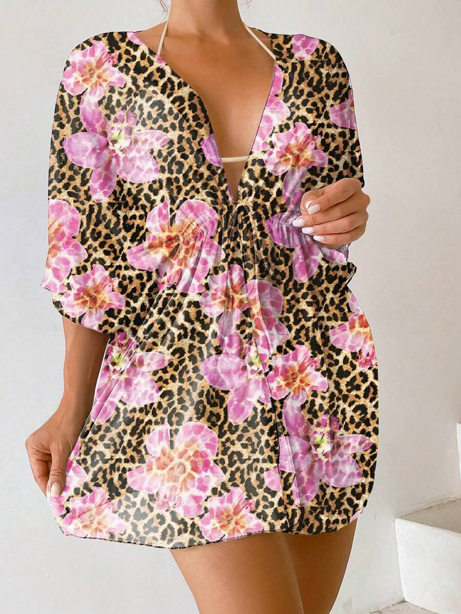 Kimono beach swimsuit cover-up in shaded mesh with batwing sleeves for women