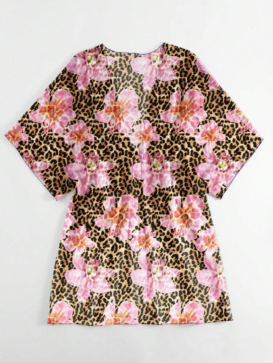 Kimono beach swimsuit cover-up in shaded mesh with batwing sleeves for women