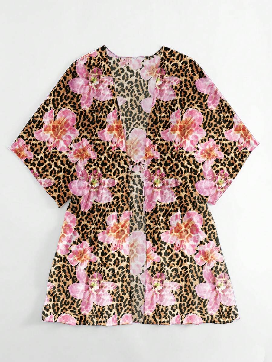 Kimono beach swimsuit cover-up in shaded mesh with batwing sleeves for women