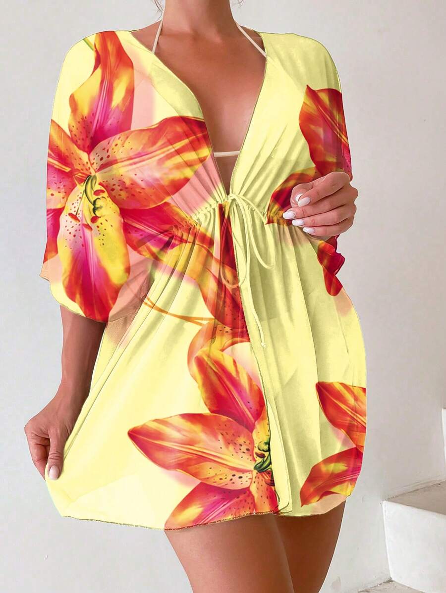 Kimono beach swimsuit cover-up in shaded mesh with batwing sleeves for women