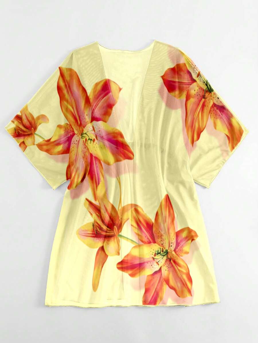 Kimono beach swimsuit cover-up in shaded mesh with batwing sleeves for women