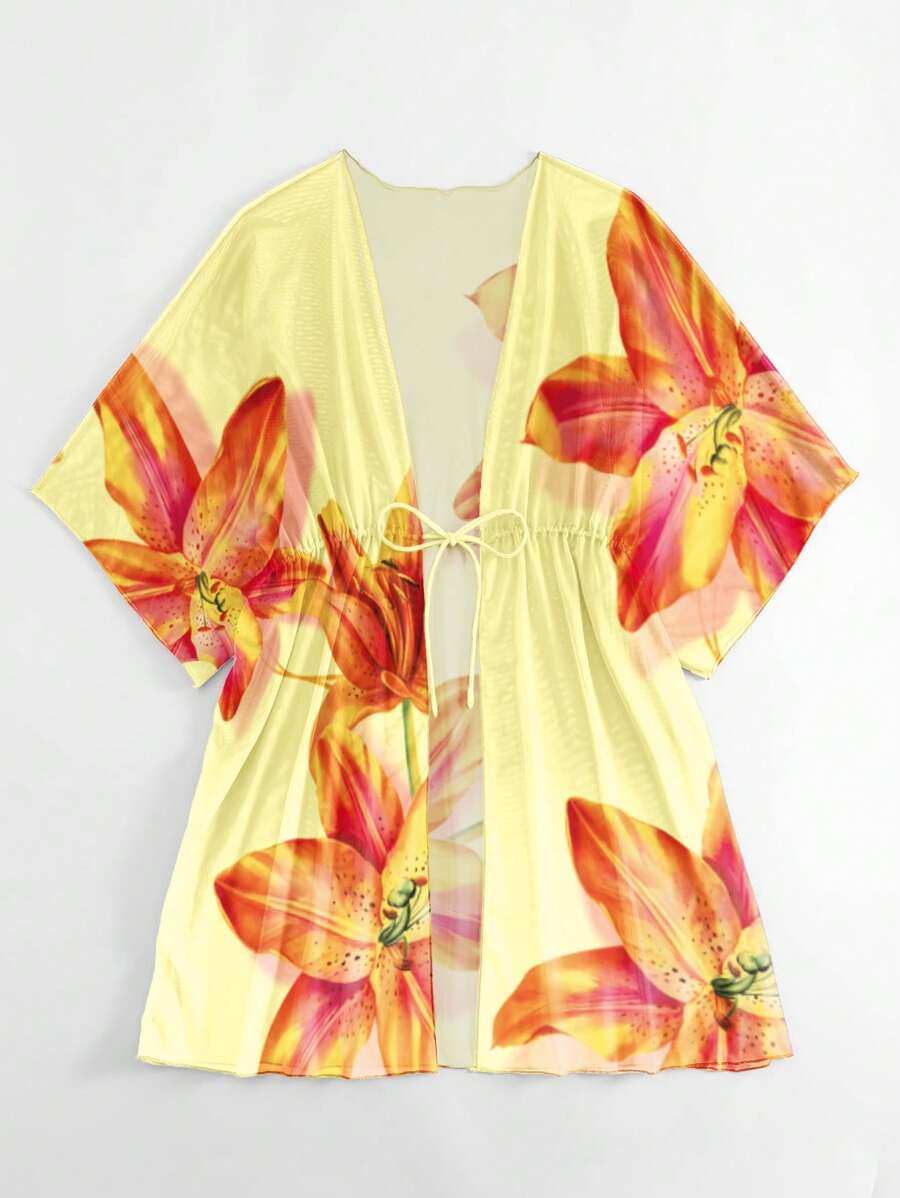 Kimono beach swimsuit cover-up in shaded mesh with batwing sleeves for women