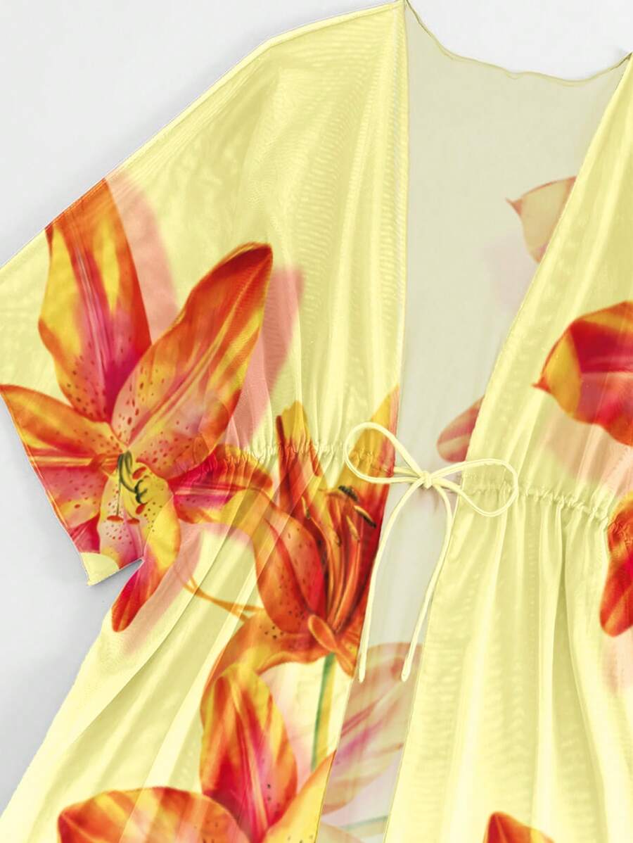 Kimono beach swimsuit cover-up in shaded mesh with batwing sleeves for women