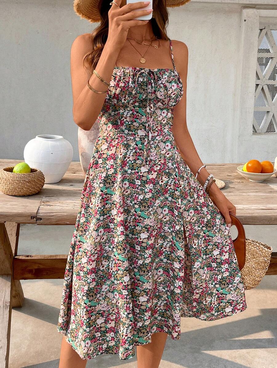 Midi floral dress with thin straps, open back and slit for women