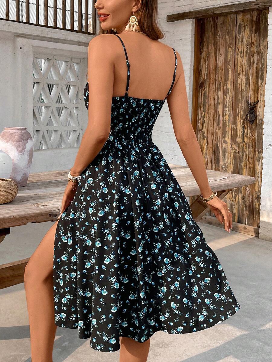 Midi floral dress with thin straps, open back and slit for women