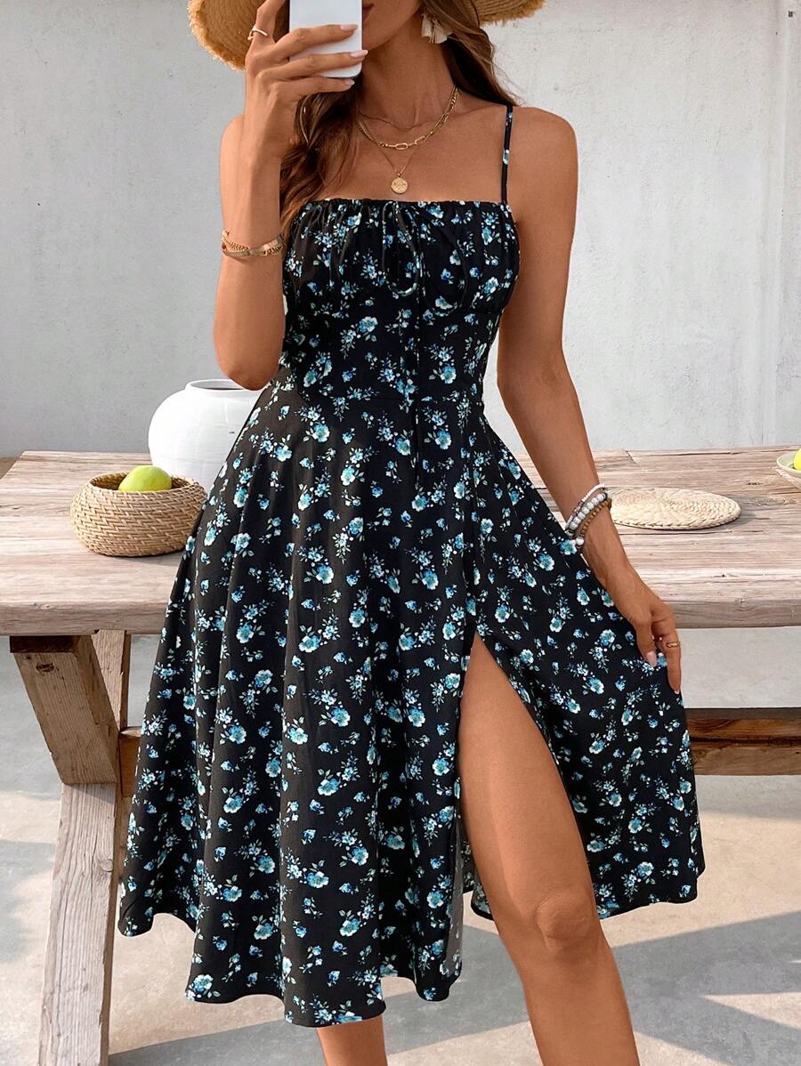 Midi floral dress with thin straps, open back and slit for women