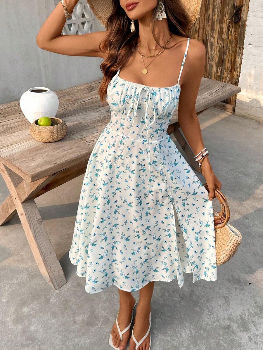 Midi floral dress with thin straps, open back and slit for women