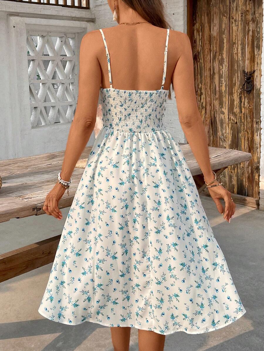 Midi floral dress with thin straps, open back and slit for women