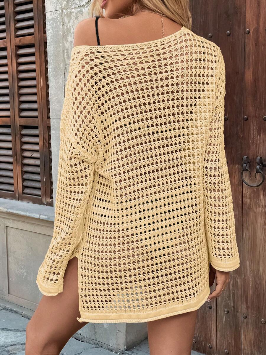 Long-sleeve openwork knit beach cover-up for women